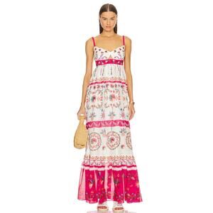 Saloni Naki Linen Pink White Cut Out Maxi Resort Wear Scalloped Dress Size 12